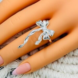 925 Sterling Silver Three Dimensional Bow Tassels Opening Adjustable Ring